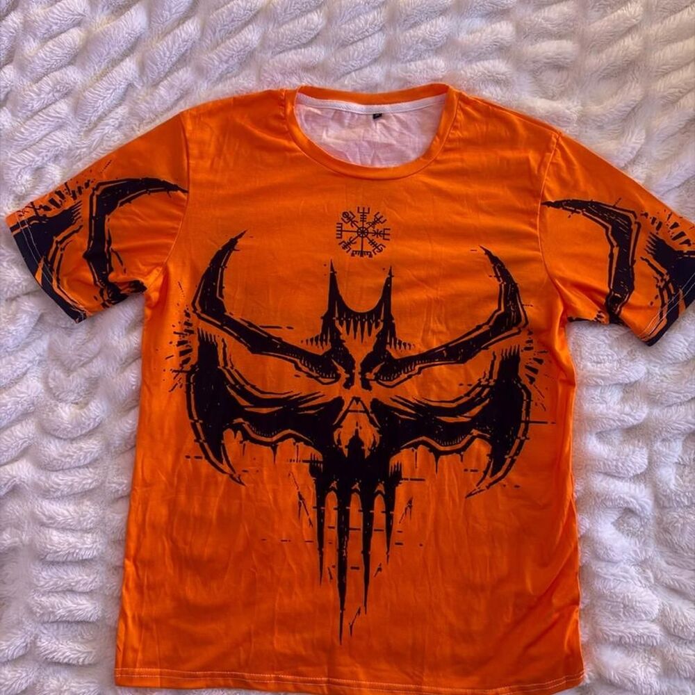 Orange Graphic Skull Tee – Size M